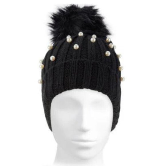 NWT Marcus Adler Black Knit Faux Pearl And Beaded Bling Warm & Comfy Beanie Hat - Picture 1 of 6